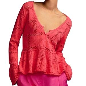 NWT PILCRO Long Sleeve Pointelle Babydoll Button Front Sweater Size Small